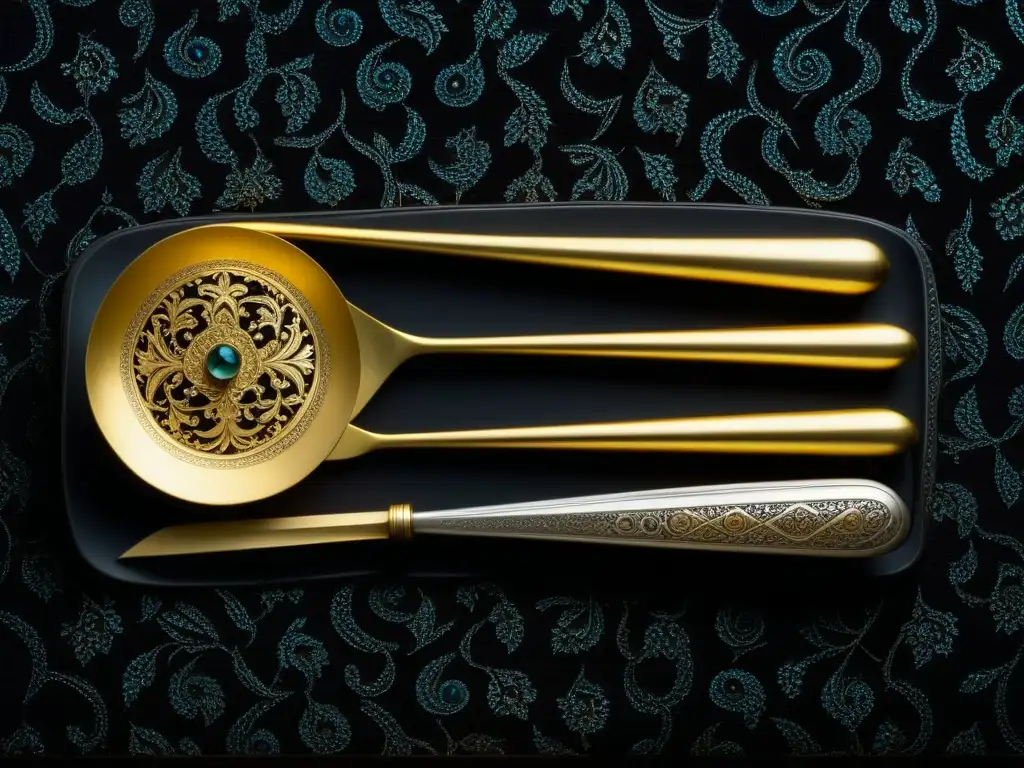 Antiguo utensilio de cocina persa con detalles intrincados en oro y plata, adornado con gemas, sobre terciopelo oscuro