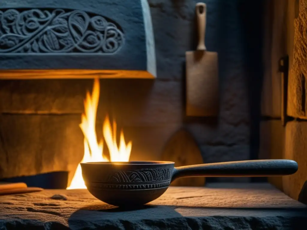 Antiguo utensilio de cocina de piedra con grabados detallados, iluminado por fuego en escena prehistórica