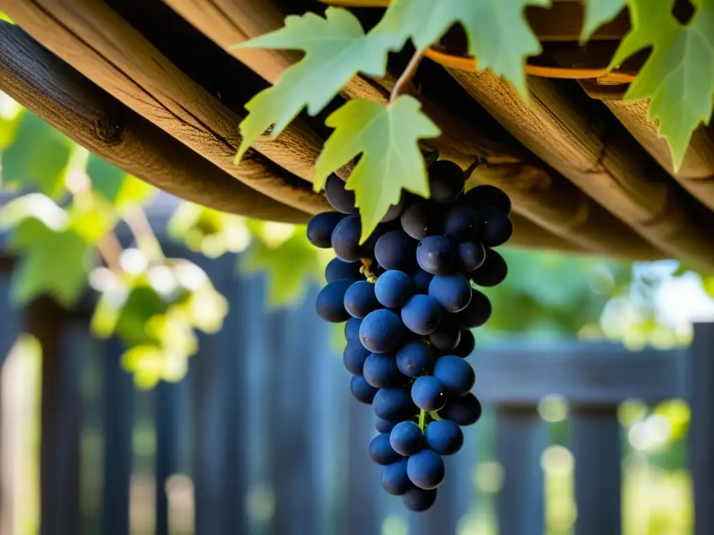 Un antiguo viñedo enredado en una pérgola de madera rústica, evocando tradiciones vitivinícolas históricas