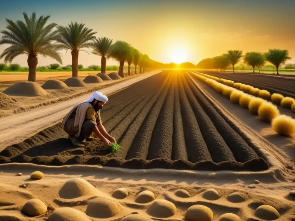 Antiguos agricultores mesopotámicos practican la siembra con precisión en suelo fértil, mostrando prácticas agrícolas Antiguo Oriente sostenibilidad