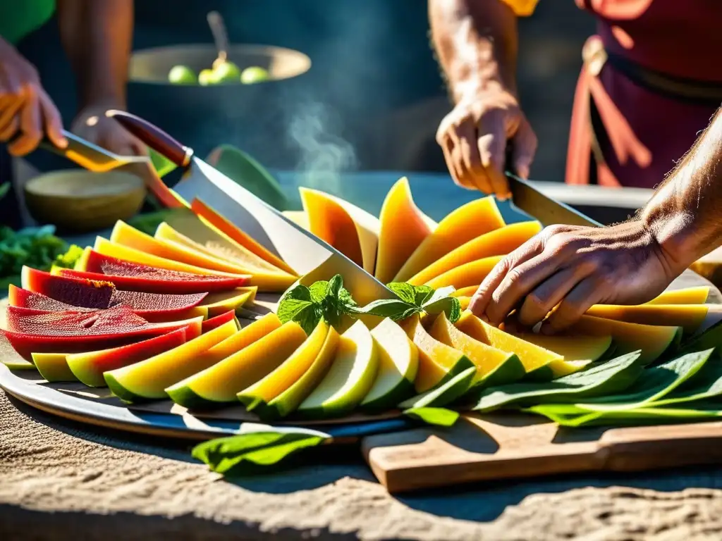 Antiguos chefs romanos deshidratando frutas y verduras bajo el sol, mostrando los métodos de conservación alimentos antiguos