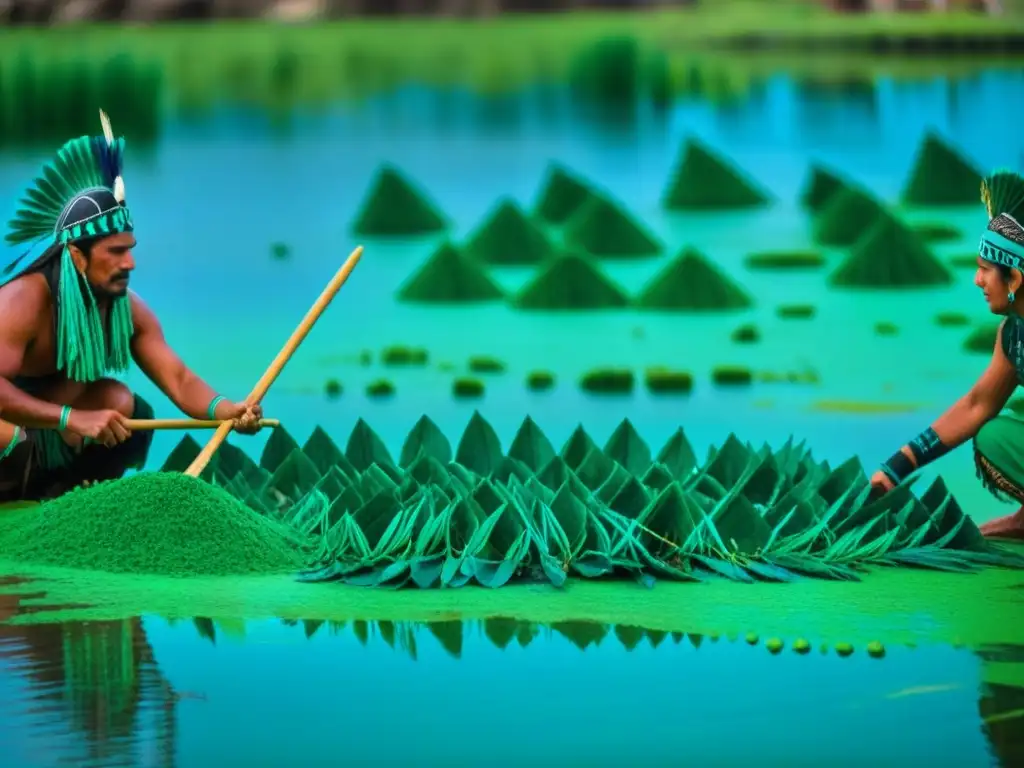 Antiguos guerreros aztecas cosechando espirulina en lago Texcoco, destacando beneficios históricos y culturales espirulina