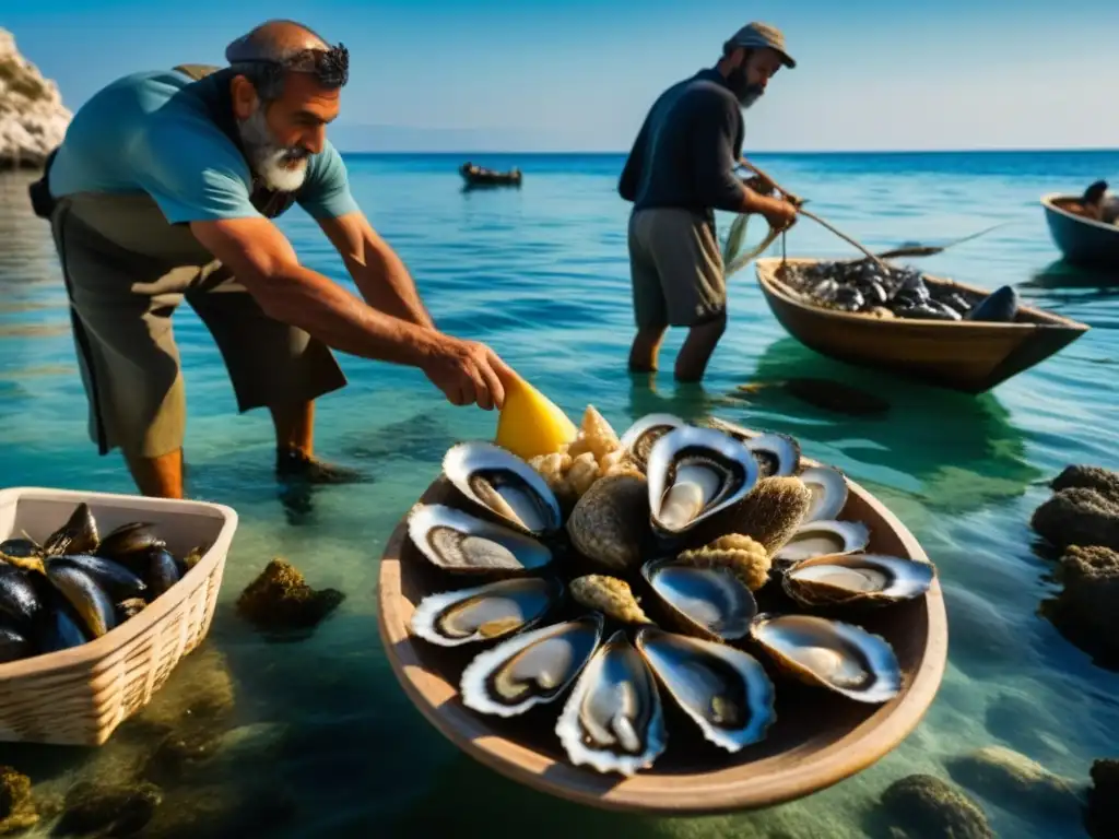 Antiguos pescadores griegos recolectando mariscos de lujo en el mar Egeo