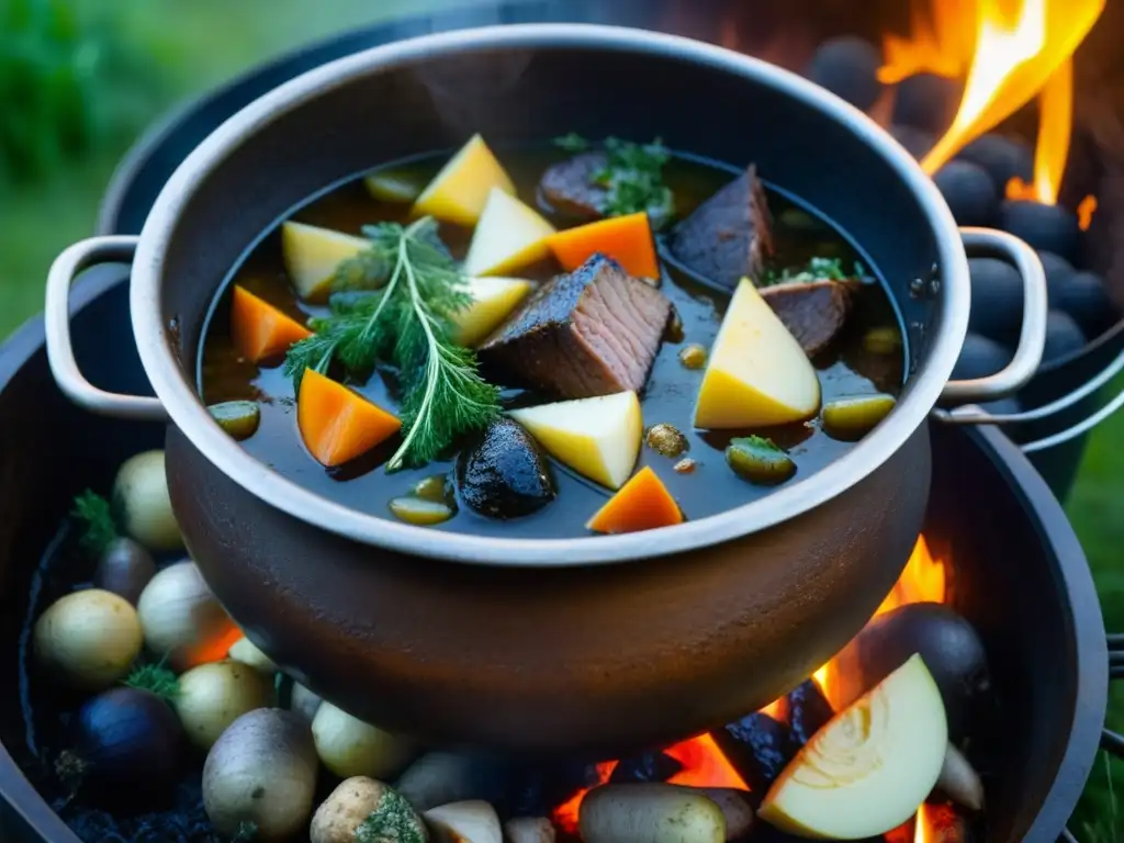 Una antiquísima olla de hierro sobre fuego muestra una rica cocina nórdica preVikinga recetas históricas en un entorno rural