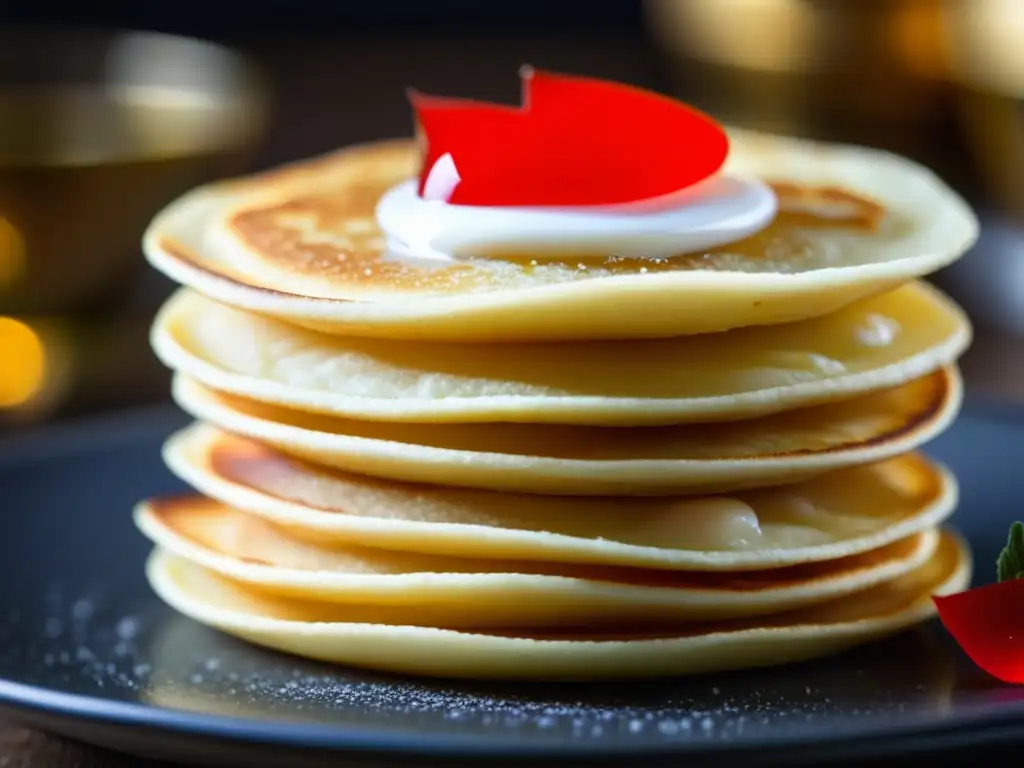 Blinis rusos: detalle exquisito con caviar rojo Una apetitosa pila de blinis rusos recién hechos con crema agria y caviar rojo, mostrando la historia de los blinis rusos
