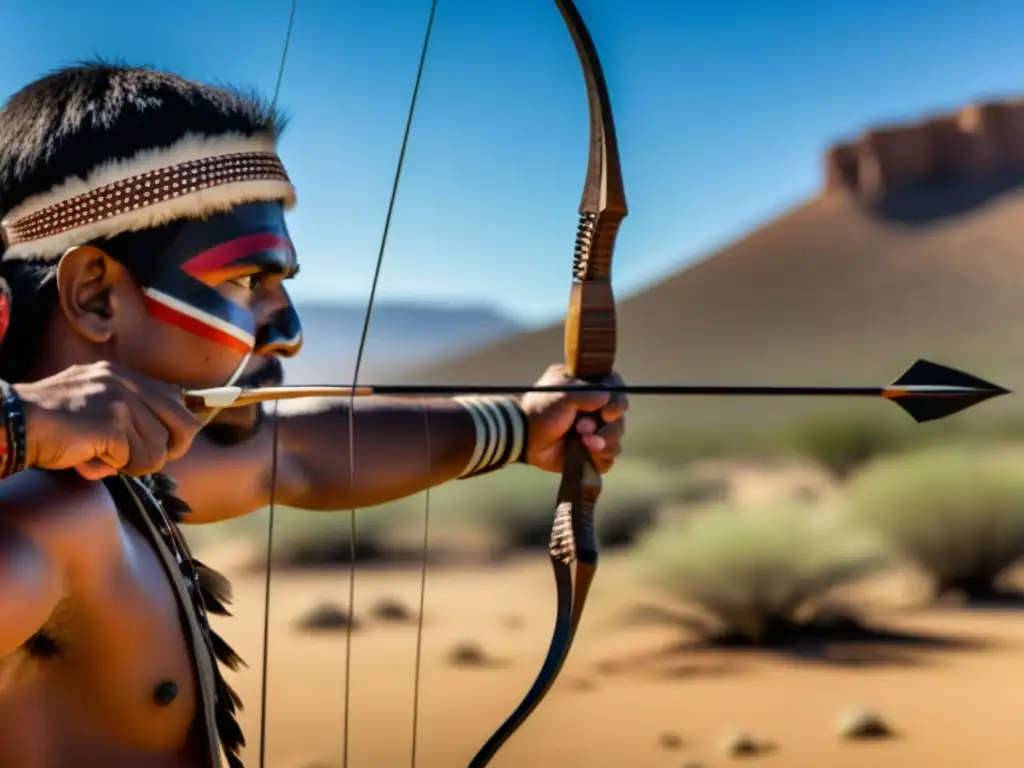 Un indígena hábil apunta con arco y flecha en el desierto, destacando sus detalles y expresión concentrada