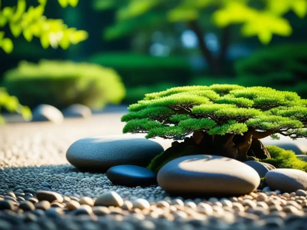 Un jardín Zen japonés transmite armonía y tranquilidad, con grava, rocas y vegetación