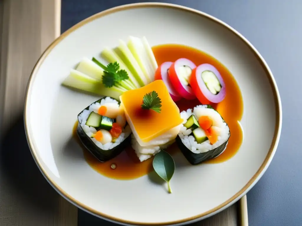 Armoniosa fusión de elementos culinarios portugueses y japoneses en un sushi con bacalao, verduras encurtidas y salsa de soja