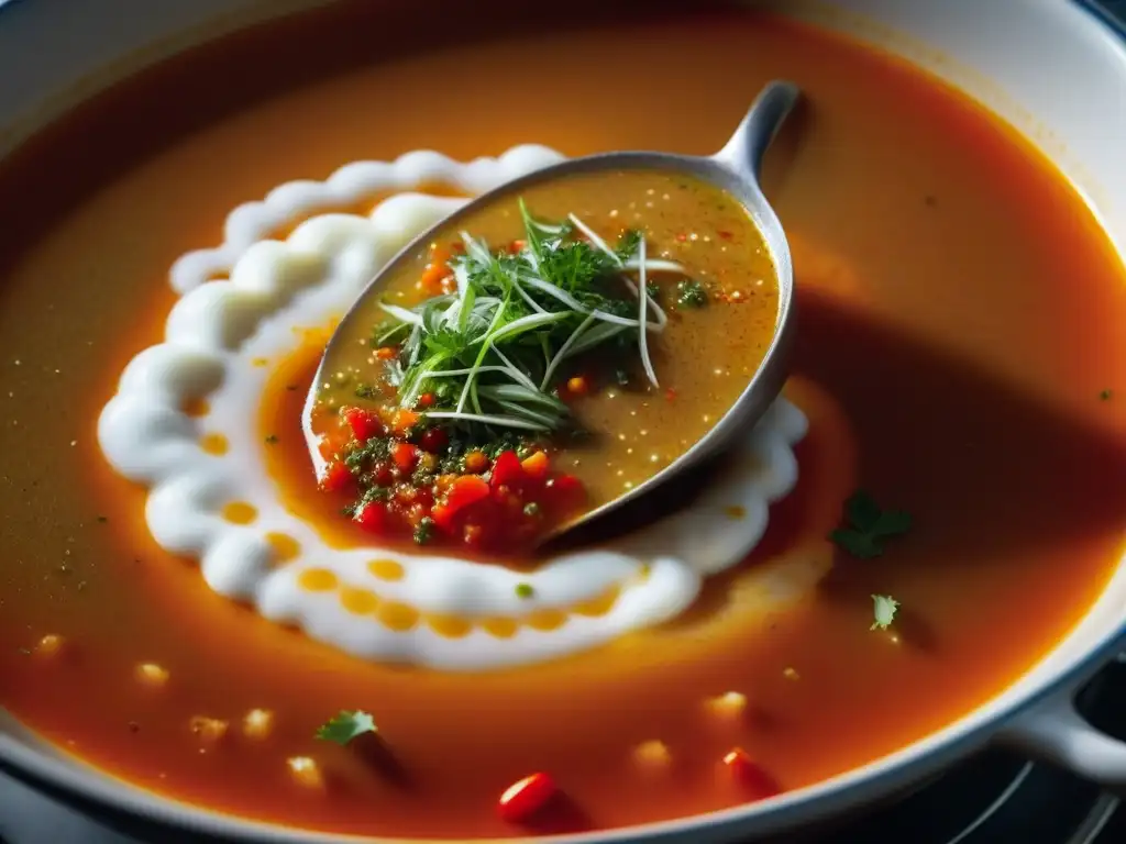 El aroma de la sopa de pescado en el Danubio, con pimentón rojo vibrante añadido a la olla burbujeante