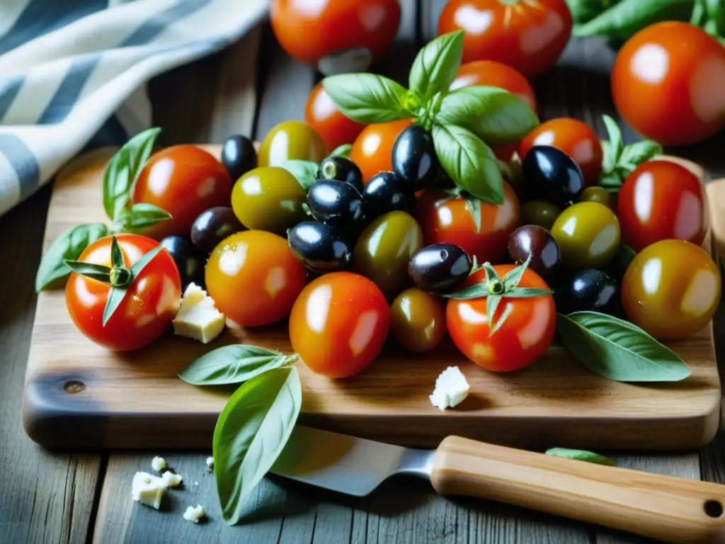 Arreglo vibrante de ingredientes mediterráneos: tomates, aceitunas, queso feta, albahaca fresca y aceite de oliva en tabla rústica