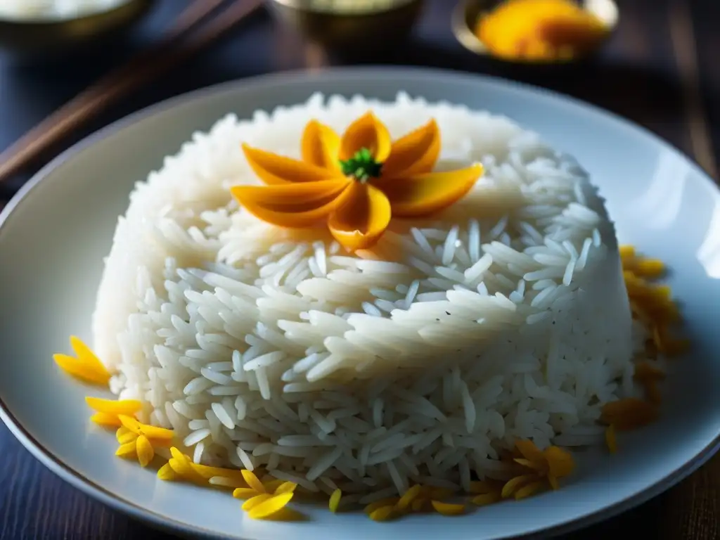 Arroz Basmati perfectamente cocido en una cocina asiática tradicional, con hilos de azafrán y especias enteras