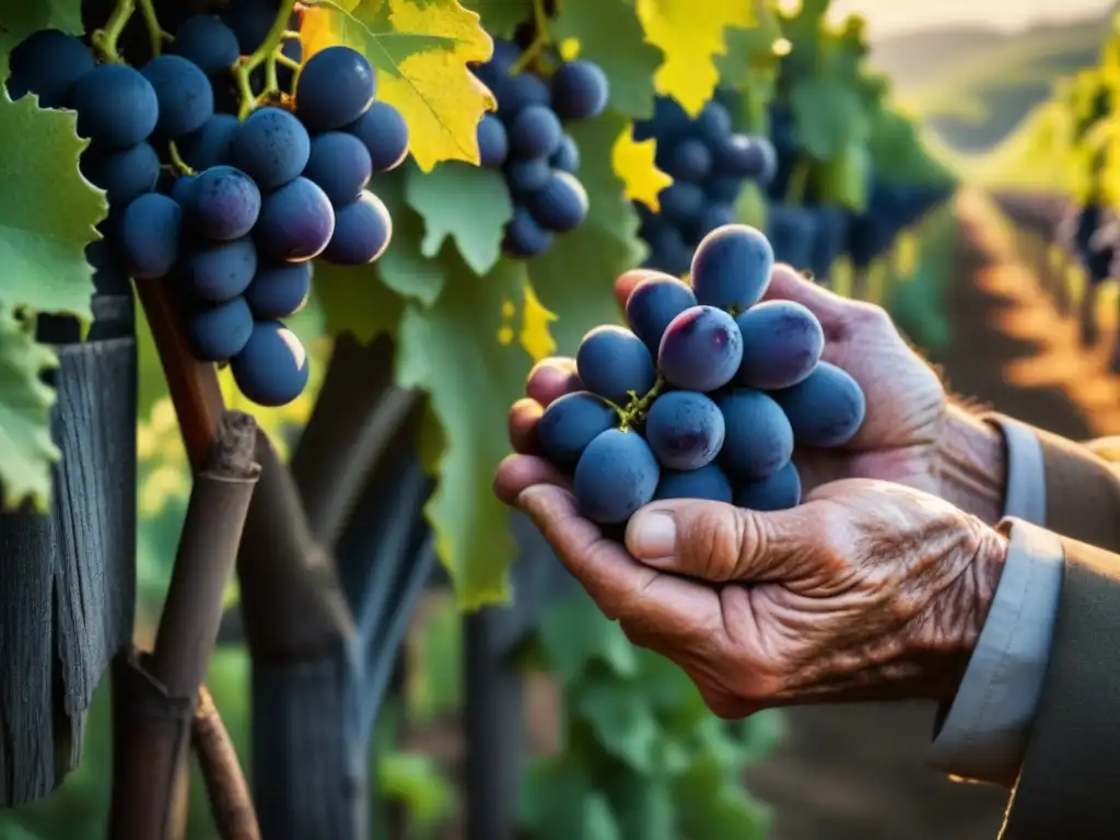 Las arrugadas manos de un anciano viticultor sostienen con cariño uvas maduras en un viñedo centenario al atardecer