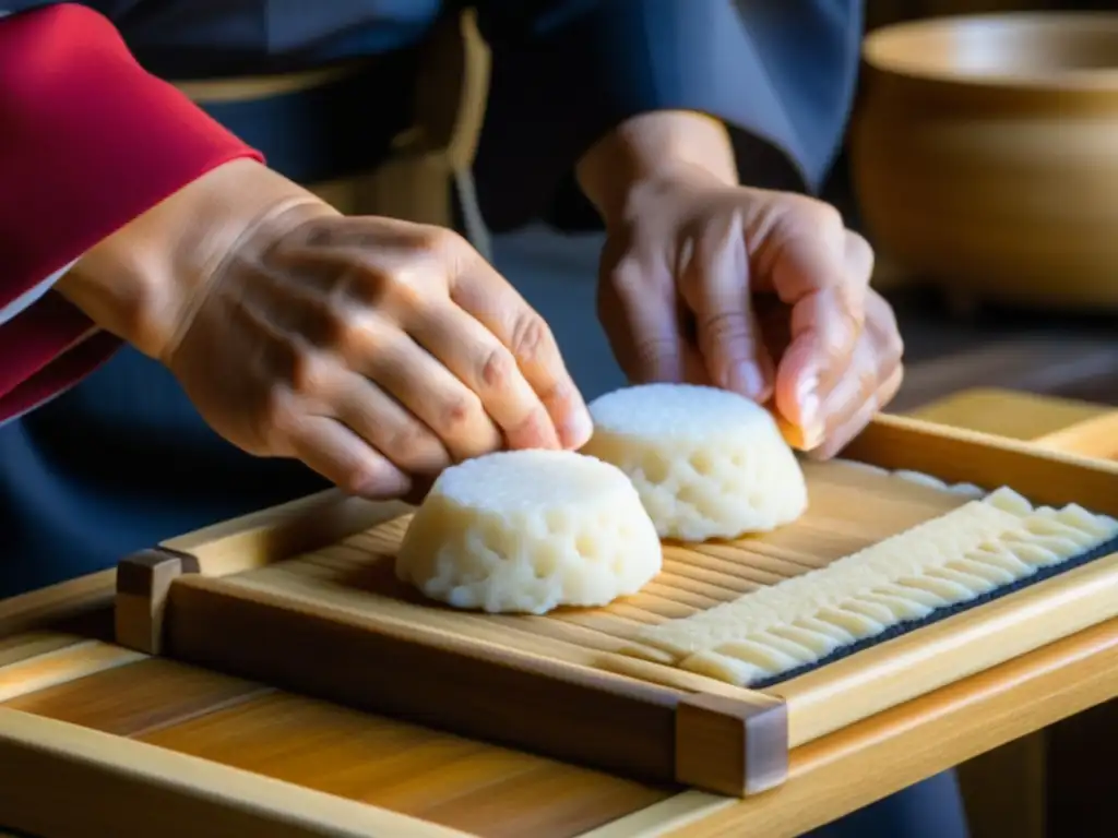 El arte ancestral del mochi: manos expertas moldeando en Japón El arte ancestral del mochimaking en Japón: manos moldeando mochis con herramientas tradicionales, resaltando la historia y cultura