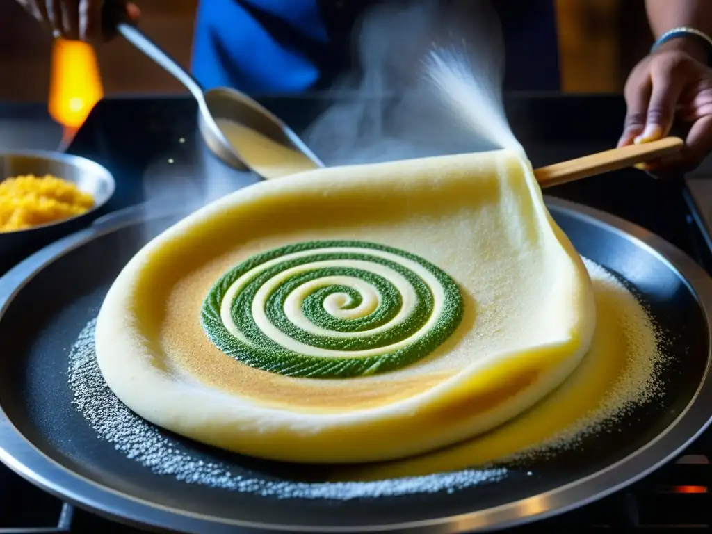 El arte ancestral de verter masa de dosa en una plancha caliente, mostrando la habilidad y precisión detrás de este desayuno del sur de la India