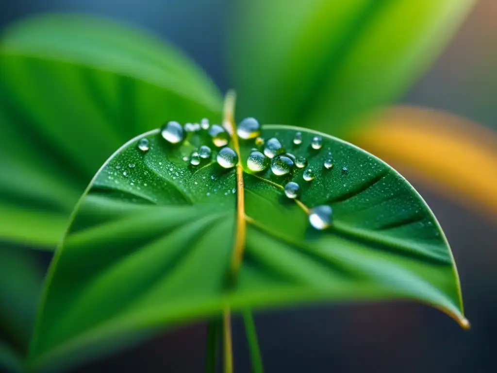 El arte ancestral y moderno del cultivo de té: gotas de rocío en hojas verdes vibrantes, revelando su belleza y delicadeza