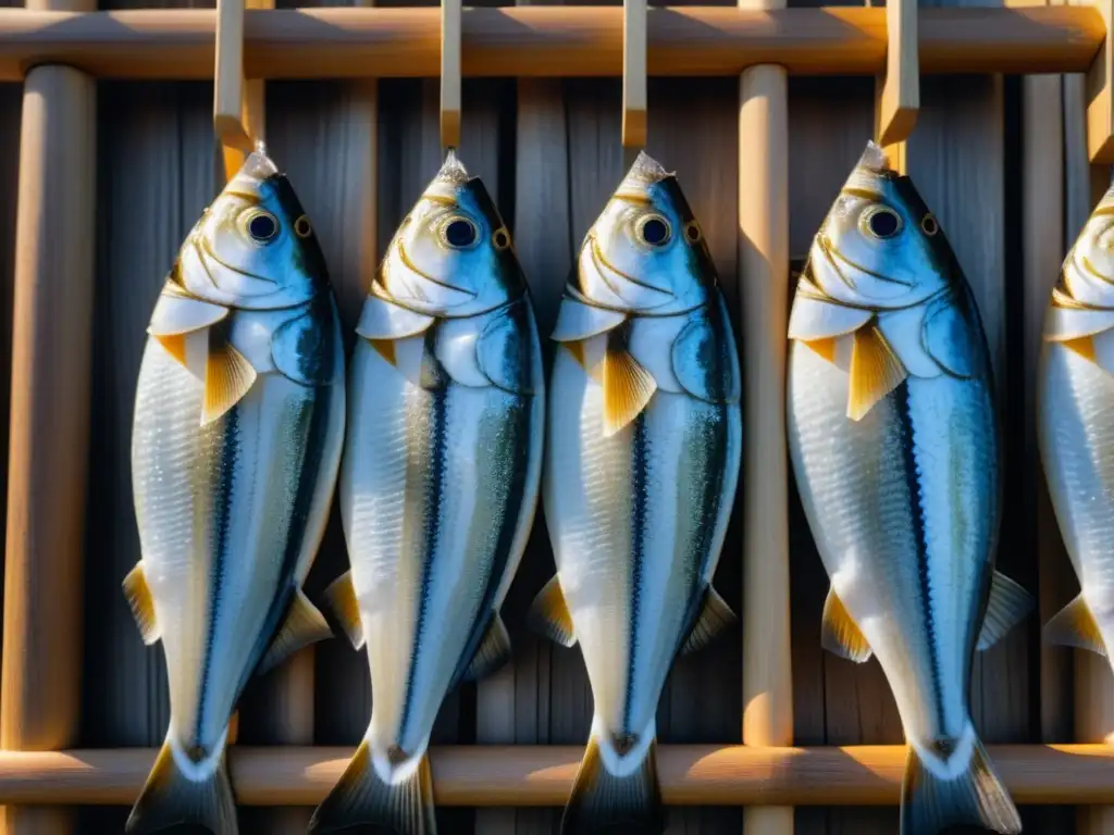 El arte ancestral del secado de alimentos en civilizaciones antiguas: pescado salado secándose al sol en un estante de madera