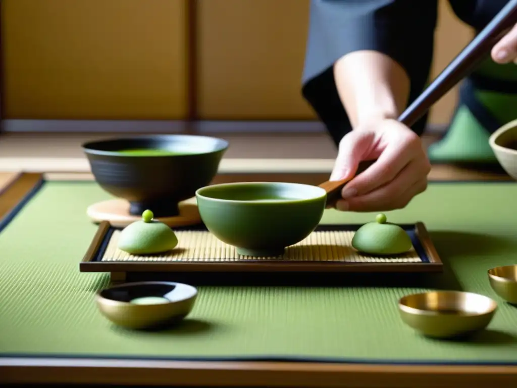 Arte y tradición: Ceremonia del té japonesa con movimientos elegantes y té verde