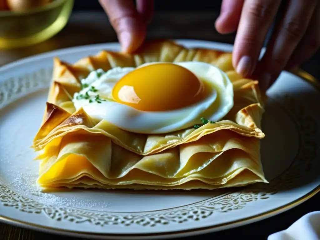 Arte culinario: Detalle de capas de masa filo siendo pinceladas con huevo dorado para Banitsa