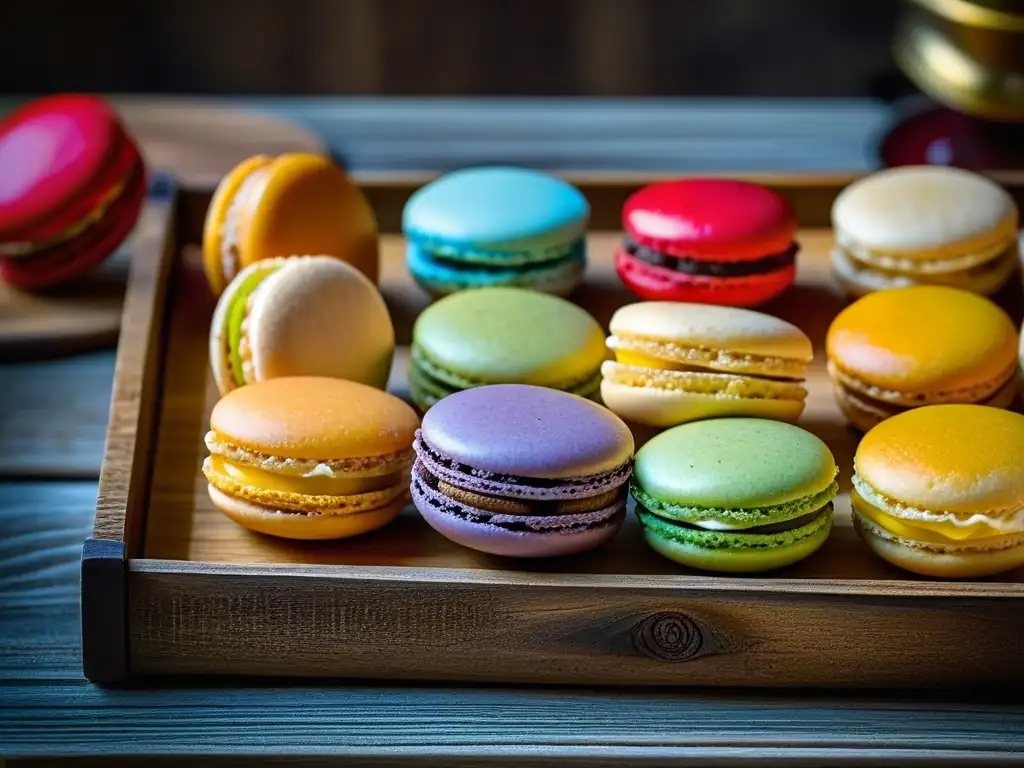 Arte culinario francés: Macarons y madalenas recién horneadas, detallando sus texturas y colores