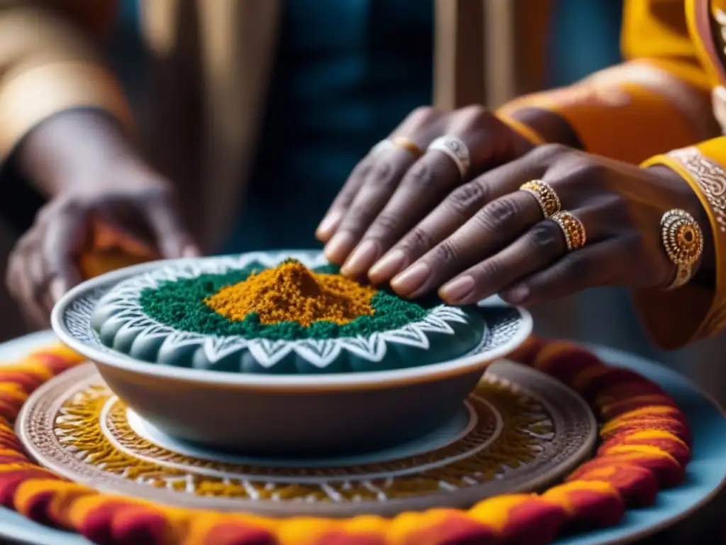 Preparación meticulosa de plato africano con henna y colores vibrantes El arte culinario de África Occidental con influencias coloniales se fusiona en vibrantes colores y sabores exóticos