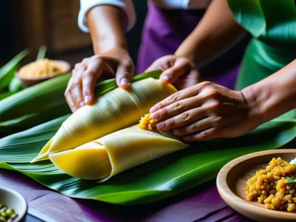 El arte culinario de tamales andinos: manos expertas preparando masa sobre hoja de plátano, ingredientes vibrantes al fondo