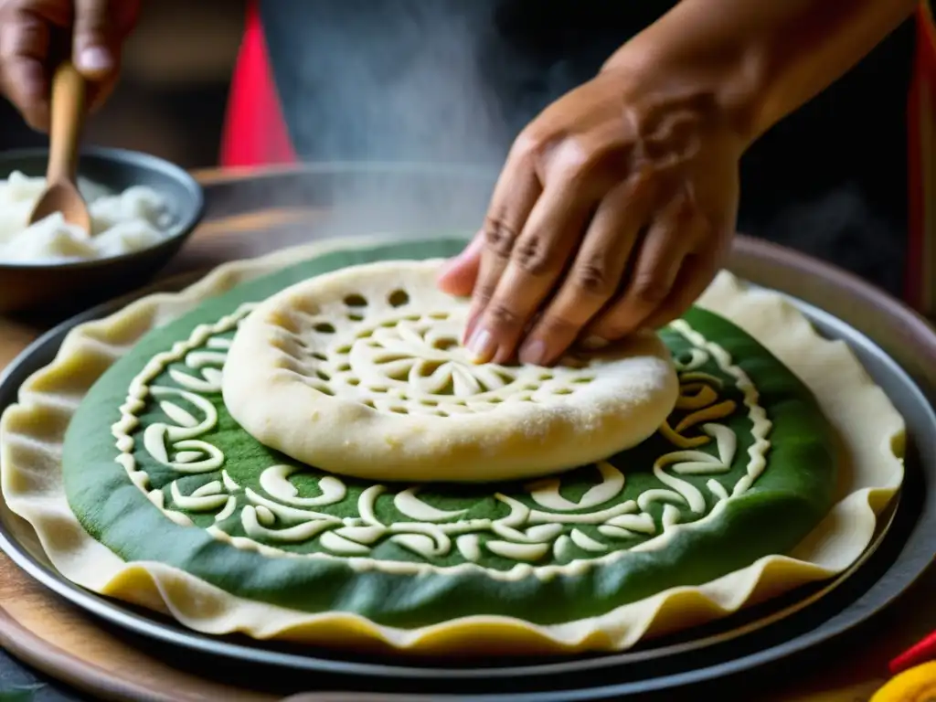 El arte culinario azteca cobra vida en la preparación detallada de un tlacoyo en comal