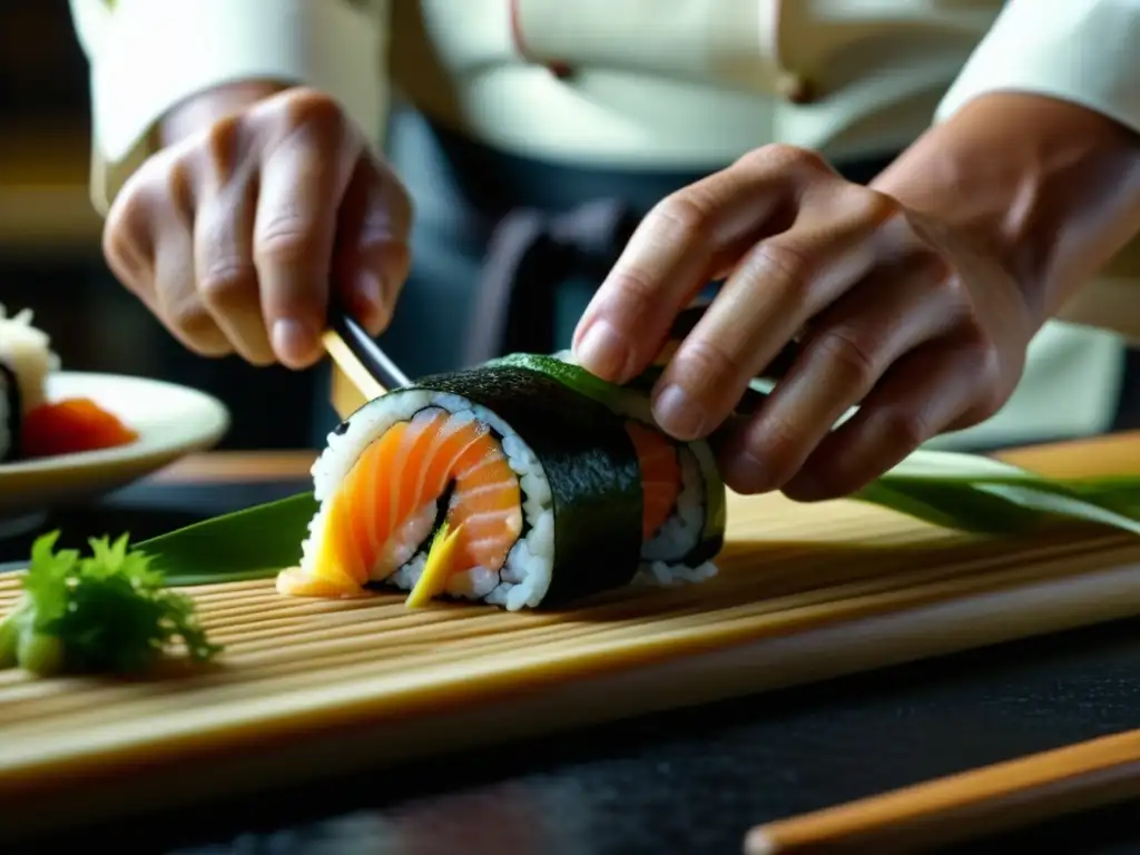 Arte culinario zen: manos expertas de chef japonés preparando sushi con precisión