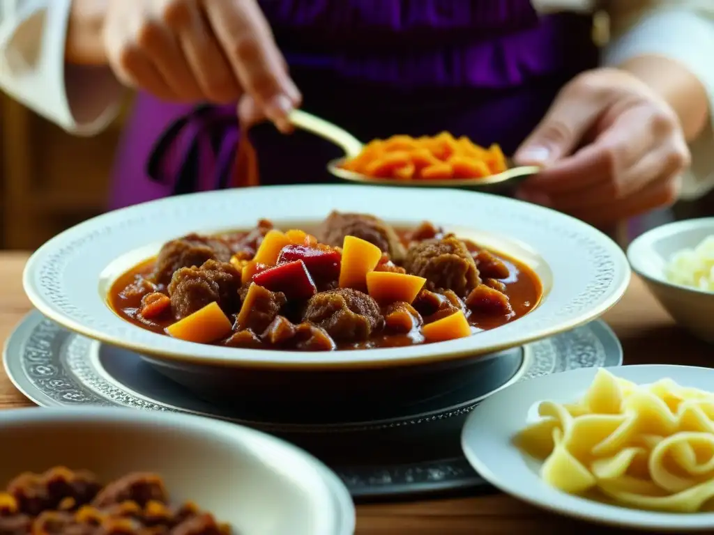 El arte de la historia del gulash dulce húngaro cobra vida en una cocina tradicional, con manos expertas preparando con detalle este delicioso postre