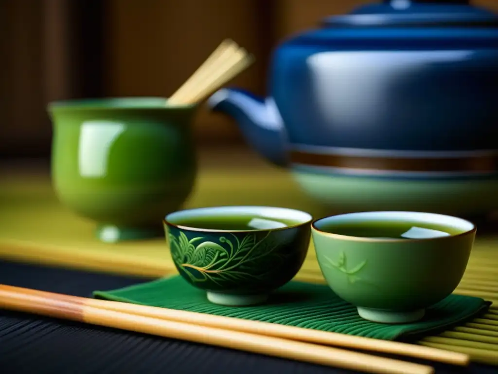 Arte japonés: detalle de set de té con polvo matcha, tazas de porcelana y batidor de bambú