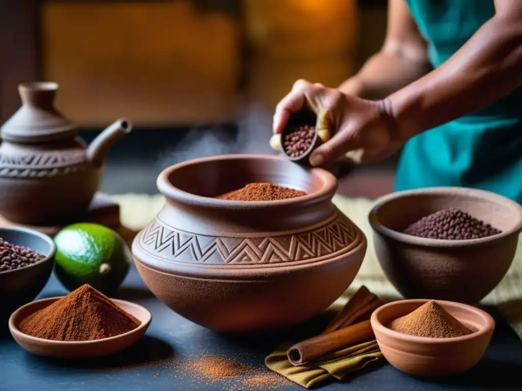 El arte de la gastronomía precolombina: receta histórica de la preparación de una bebida de chocolate azteca en una cocina rústica