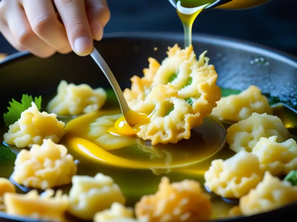 Magia dorada: Tempura japonesa en pleno vuelo El arte de la tempura: delicada masa sumergiéndose en aceite dorado, revelando el origen y evolución de la tempura japonesa