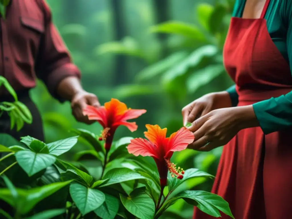 Artesana recolección de hibisco rojo en selva del Yucatán