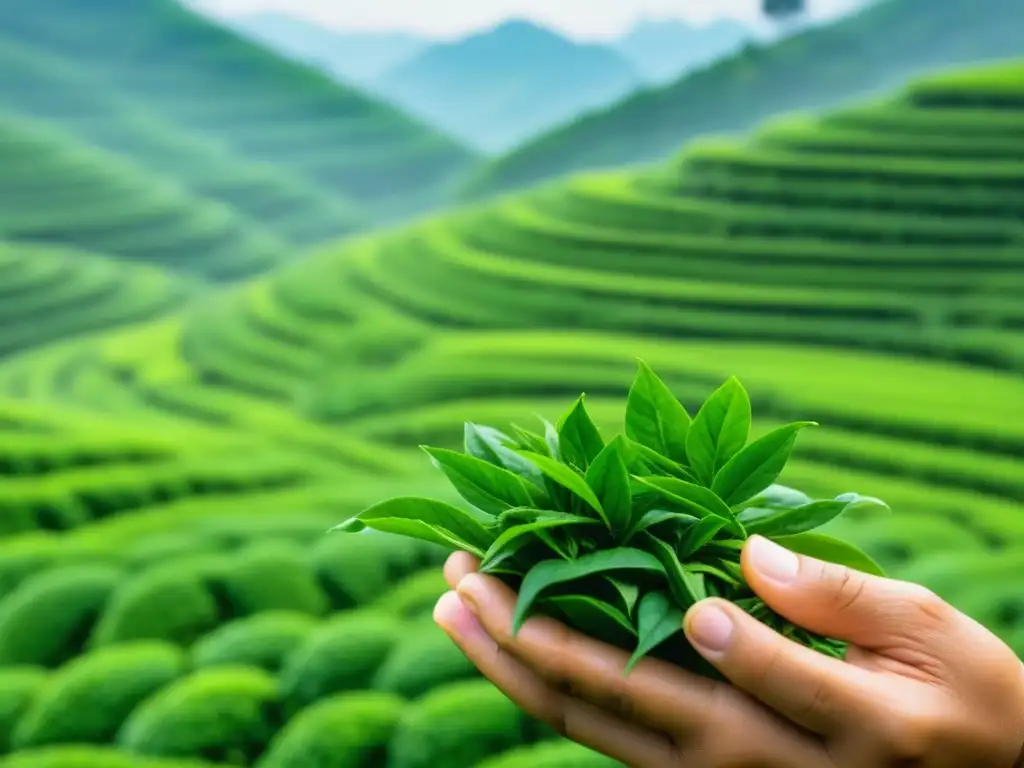 Recolección artesanal de hojas de té verde en plantación china, revelando historia cultural