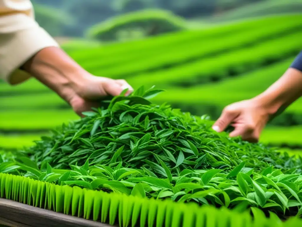 Recolección artesanal de hojas de té verde en plantación japonesa, reflejando la cultura del té en Japón