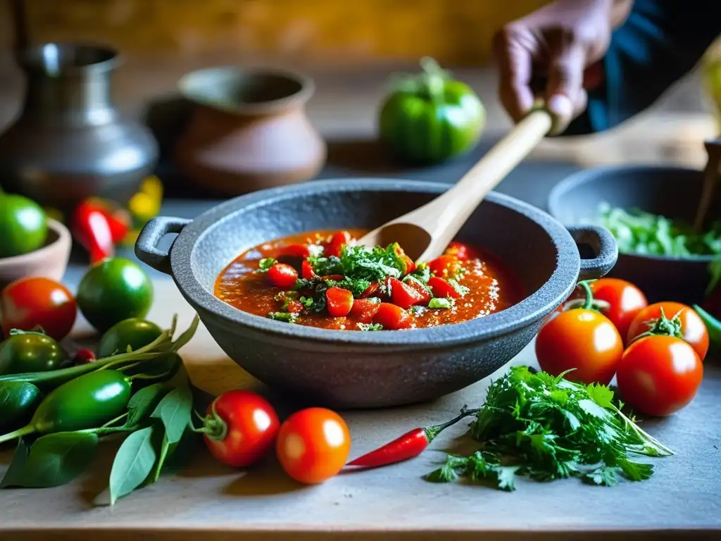 Preparación artesanal de salsa llajwa en cocina andina con ingredientes tradicionales