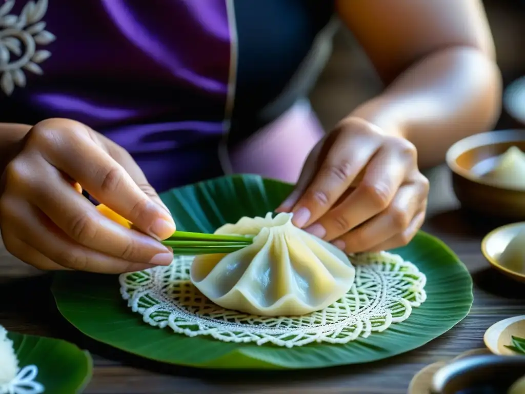 Artesanía con arroz glutinoso: manos hábiles moldean dumplings en detalle, resaltando la tradición culinaria del sudeste asiático