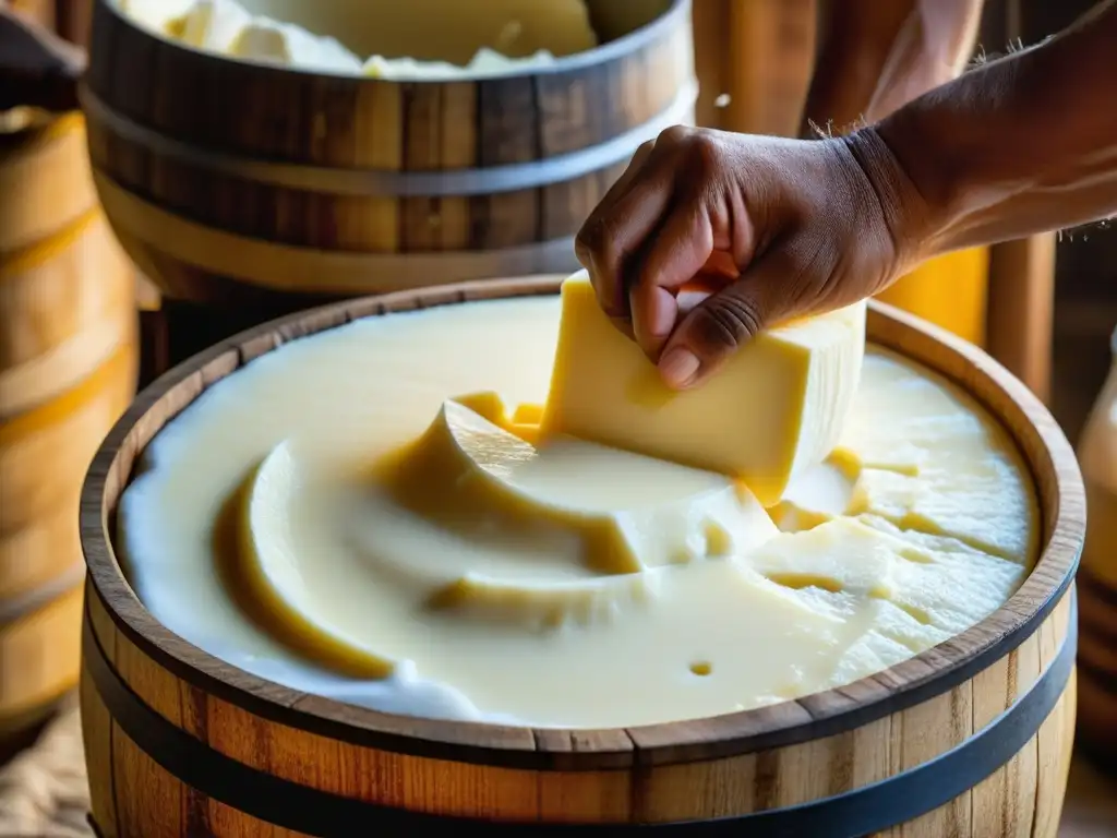 Artesanía en la fermentación de paneer y yogurt: Detalle de barril de madera con cuajada de leche removida por manos expertas