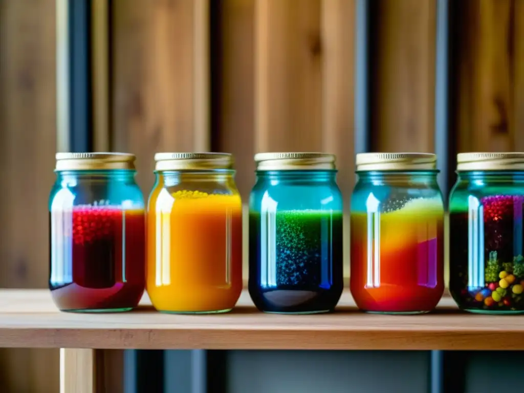 Artesanía de fermentación: botes coloridos burbujeantes en estantería de madera, mano tocando