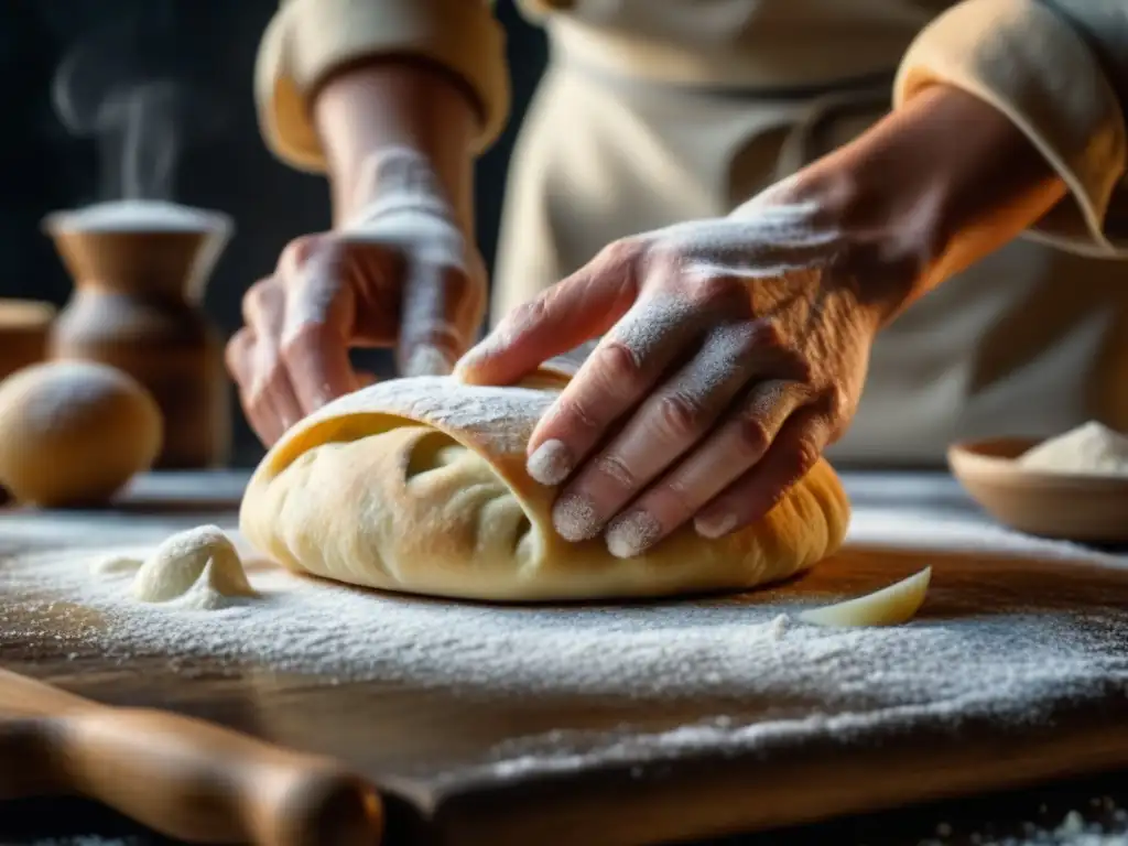 Artesanía en cocina gueto: manos expertas moldeando masa en cocina rústica con utensilios vintage