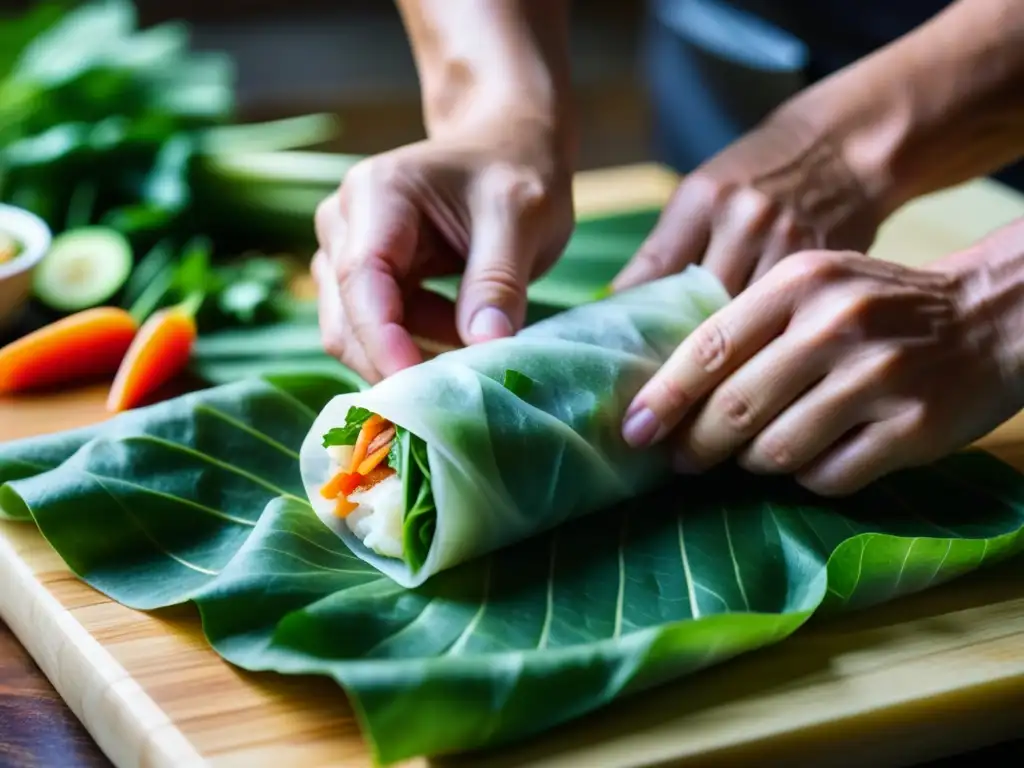 Artesanía culinaria: manos de chef armando un Rollo Primavera vietnamita