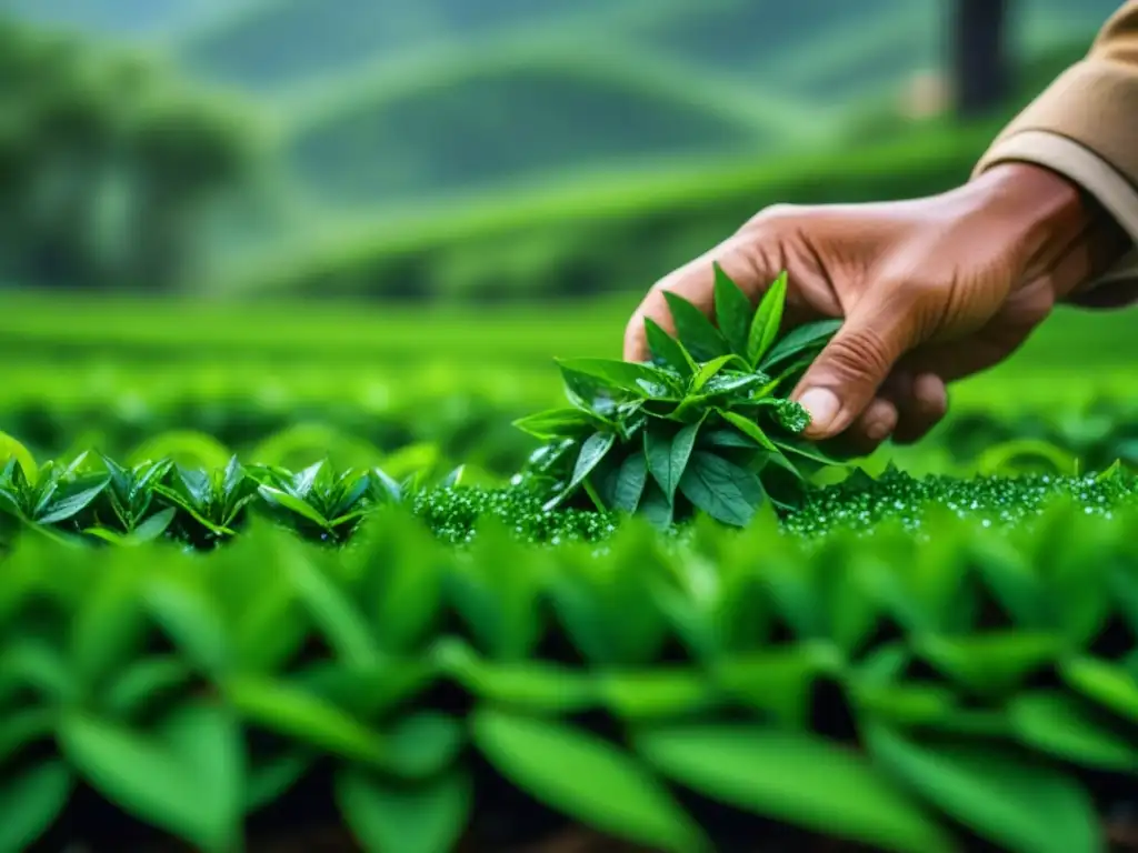 Artesanía en plantación de té, manos expertas moldeando hojas con destreza