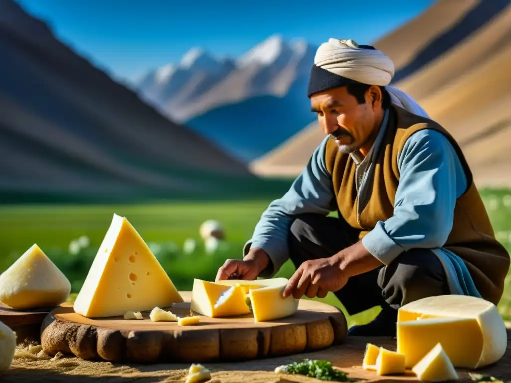 Artesanía de quesos en Asia Central: pastor elaborando queso tradicional entre paisajes salvajes