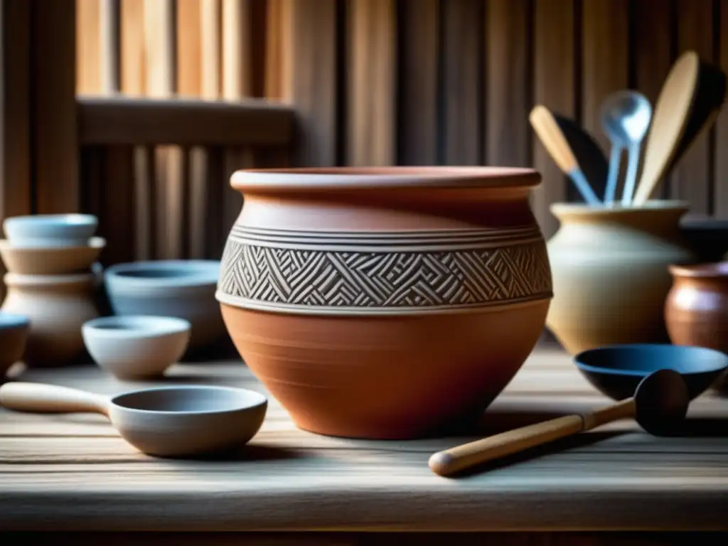 Artesanía de utensilios de cocina materiales naturales en mesa rústica de madera