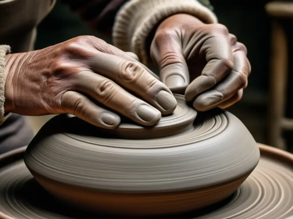 Un artesano moldea arcilla en un torno, detallando la producción cerámica antes de la Revolución Industrial