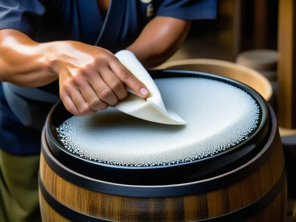 Un artesano trabaja meticulosamente en un barril de sake de madera brillante, resaltando la importancia cultural del Sake Meiji