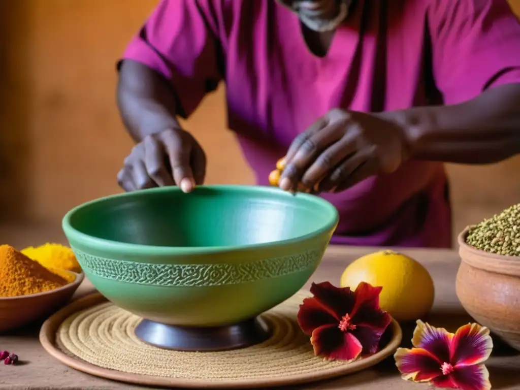 Un artesano del Sahel elabora una bebida tradicional con ingredientes vibrantes, capturando la historia cultural