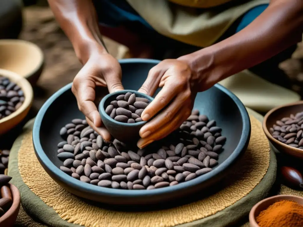 Artesano muele cacao en metate, resaltando la historia del cacao en recetas