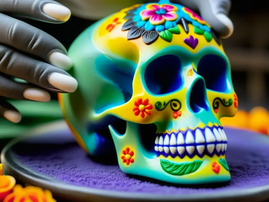 Artesano moldeando calaveras de azúcar en una tradicional receta del Día de Muertos