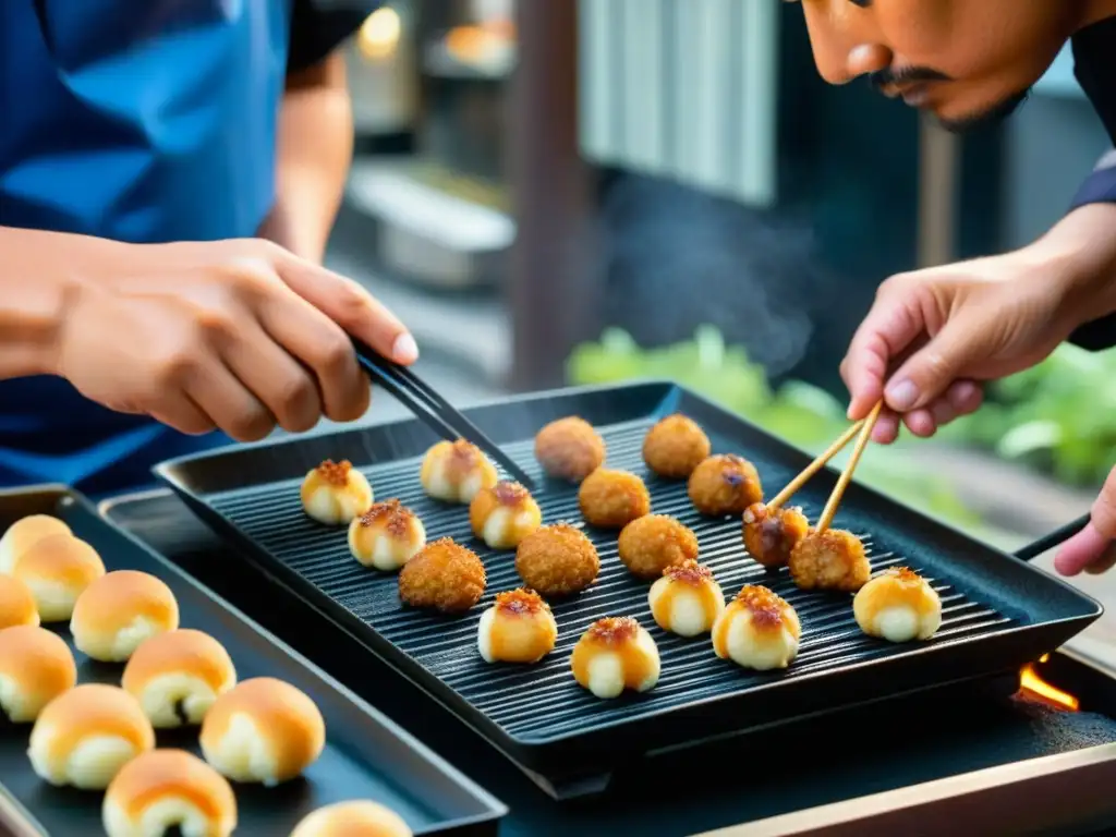 Un artesano callejero en la era Edo preparando Takoyaki con destreza, en medio de una bulliciosa escena de la época