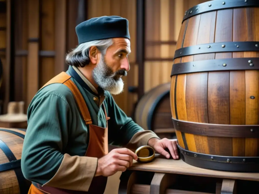 Un artesano de cervecería en Europa del Este inspecciona con detalle un barril de madera